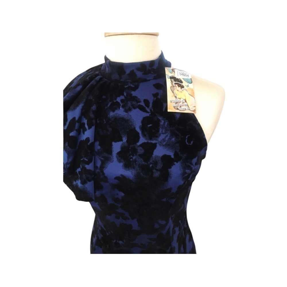 VARGA pinup dress black Royal Ruffle neck sleeveless Sz L retro straight midi - Picture 3 of 3
